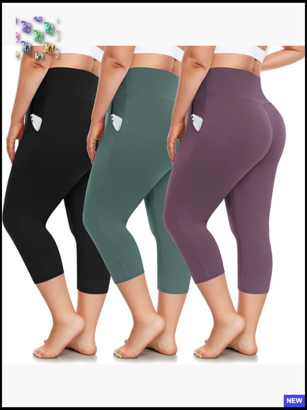Plus Size High Waist Capri Leggings with Pockets Workout Yoga Pants 3 Pack